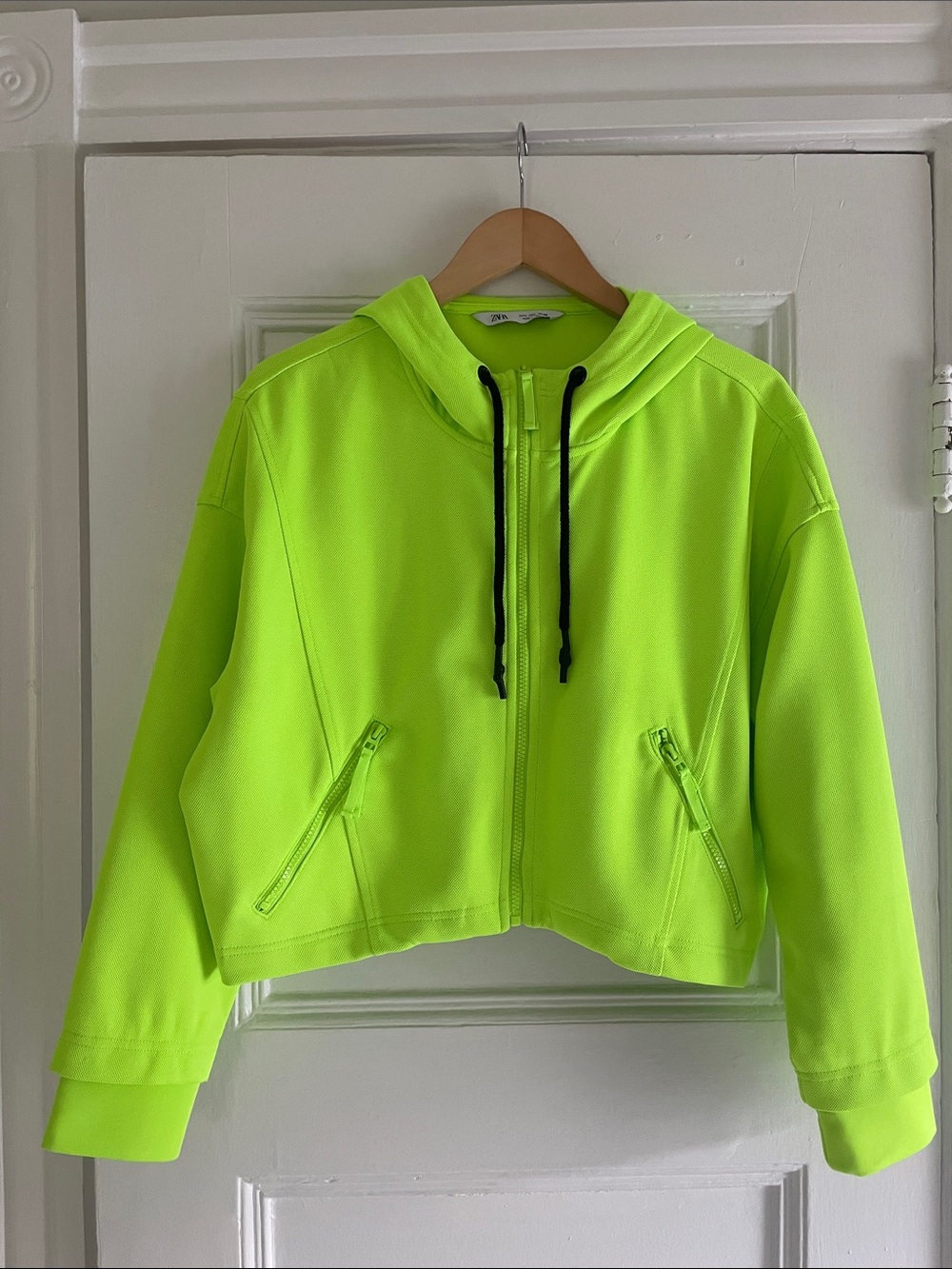 Zara Neon Lime Cropped Zip Hoodie Jacket